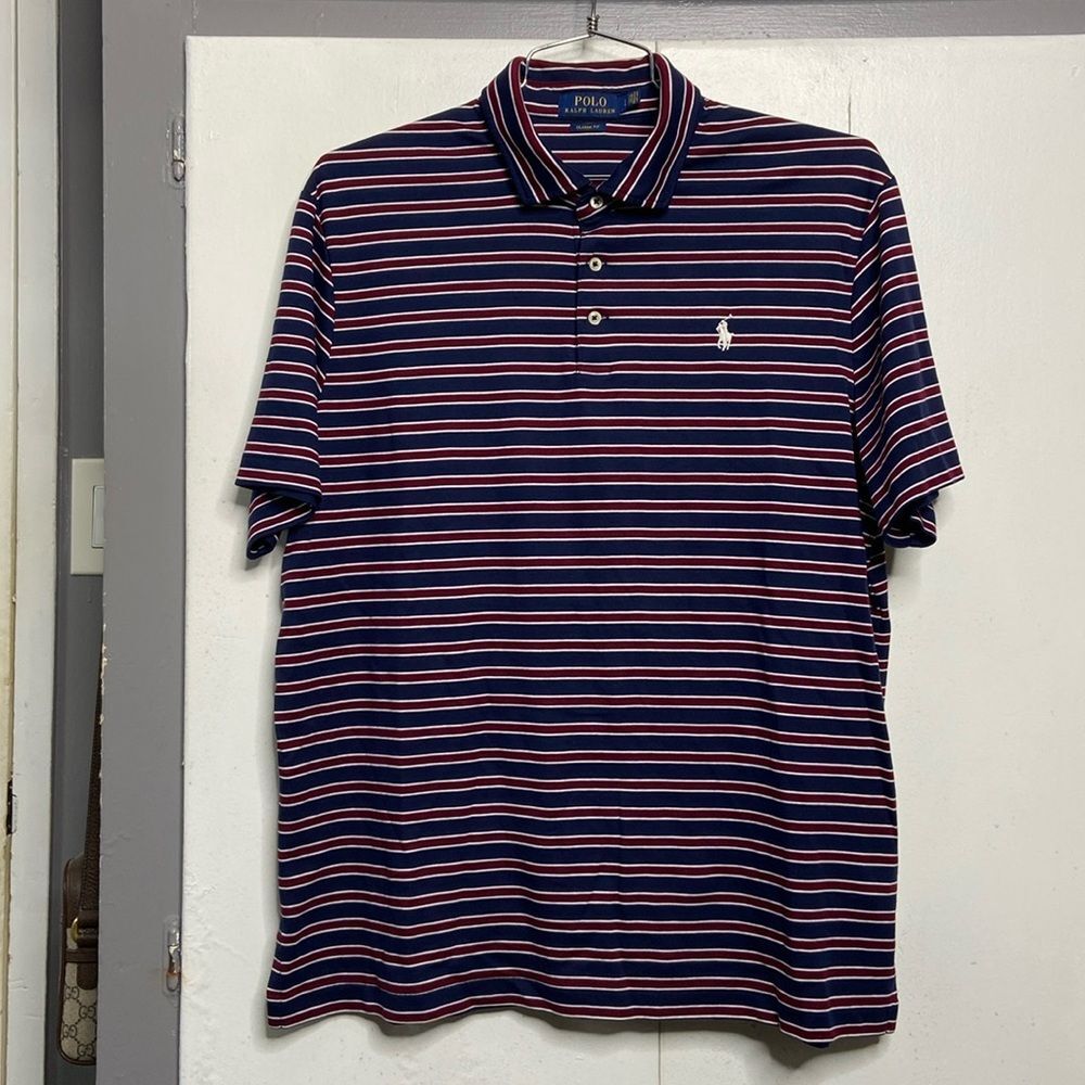 Polo Ralph Lauren men classic fit short sleeve polo Sz L navy burgundy stripes